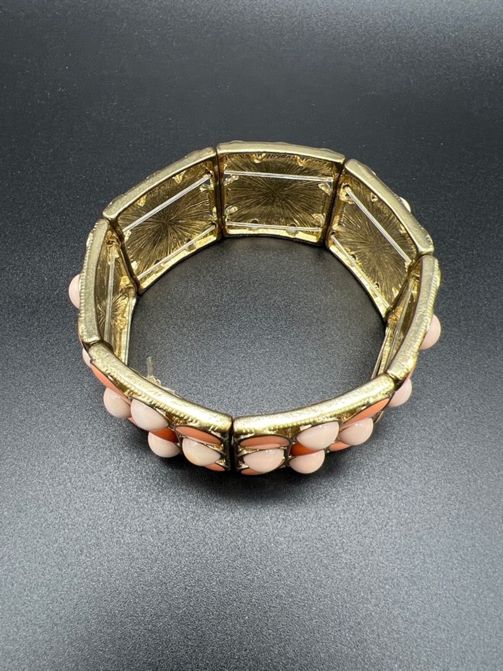 Gold-Tone Stretch Bracelet with Coral and Cream Cabochons and Peach Enamel - Picture 2 of 5